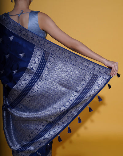 Cloudy Blue With Bird Woven Motif Silk Saree