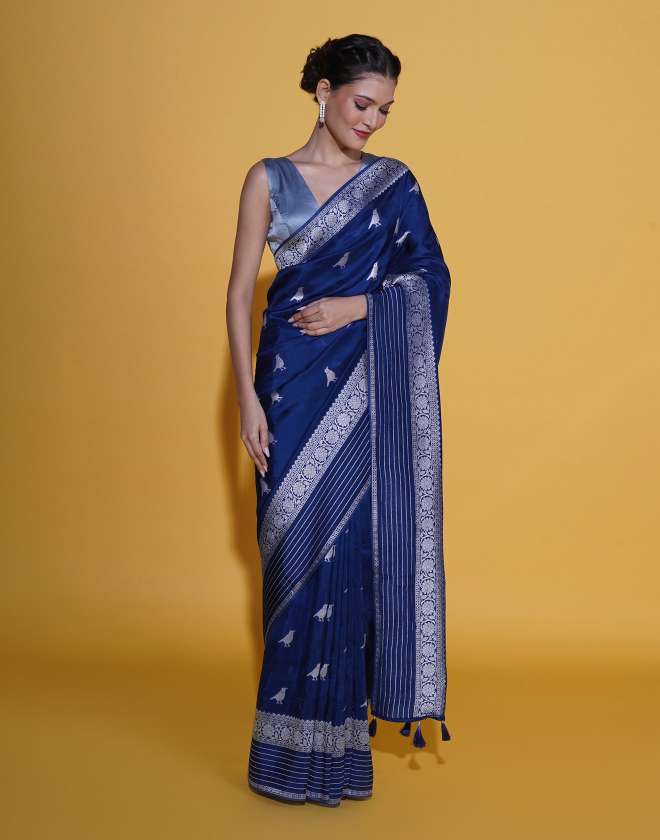 Cloudy Blue With Bird Woven Motif Silk Saree