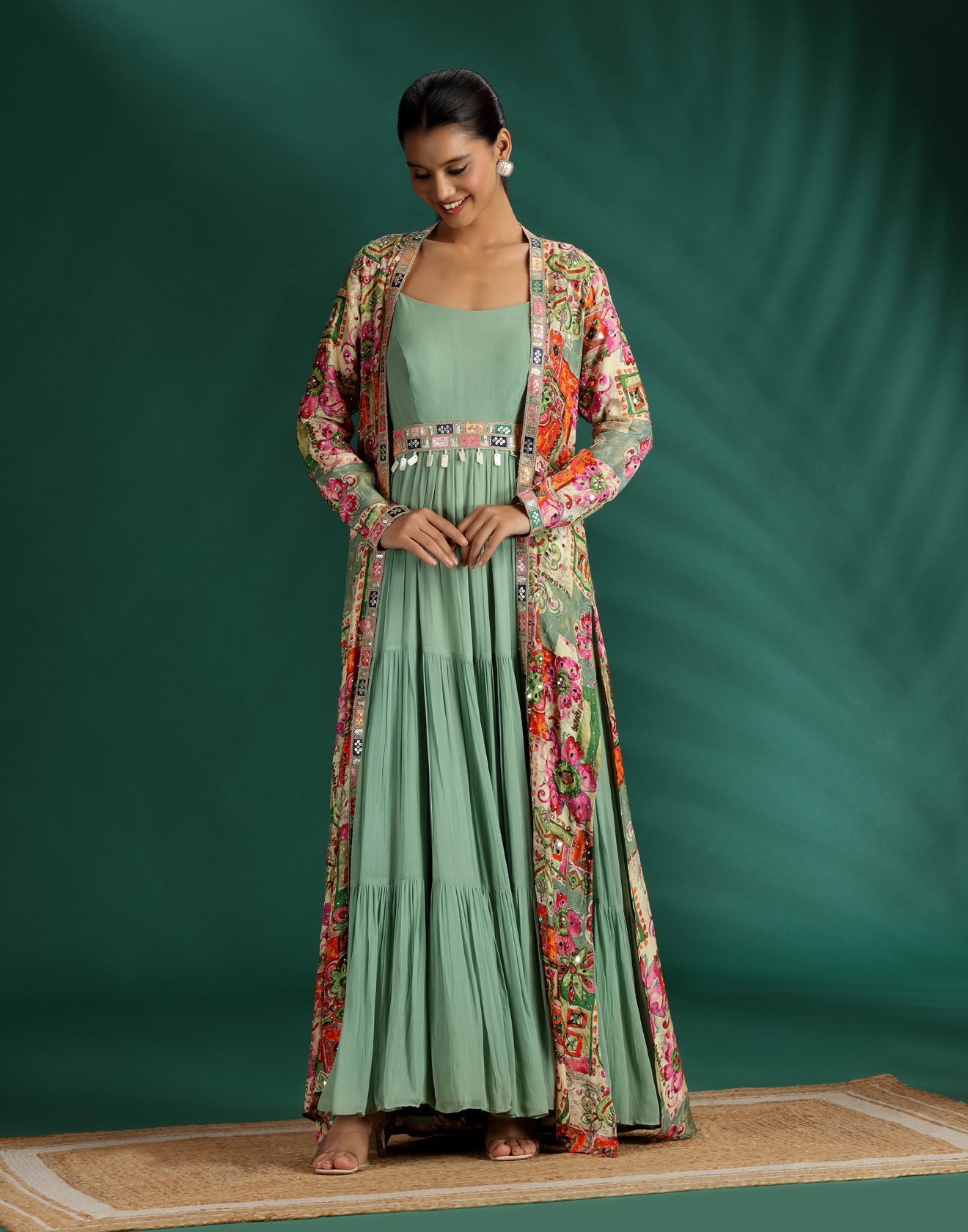 Coastal Jade Long Dress With Printed Jacket