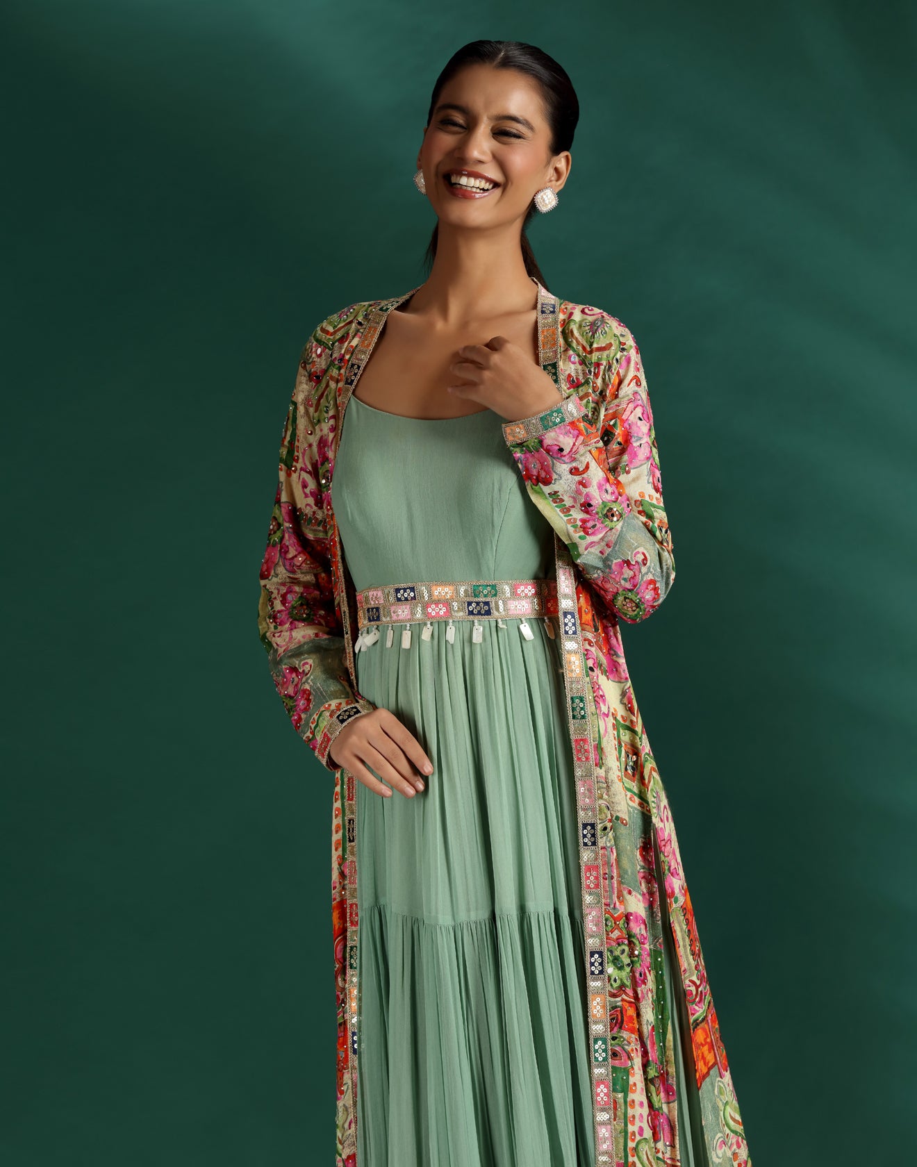 Coastal Jade Long Dress With Printed Jacket