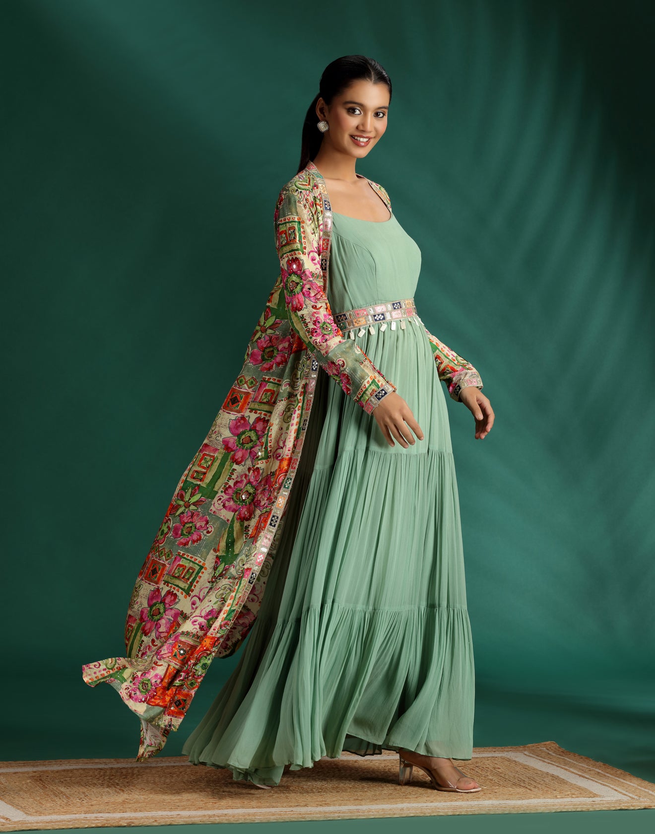 Coastal Jade Long Dress With Printed Jacket
