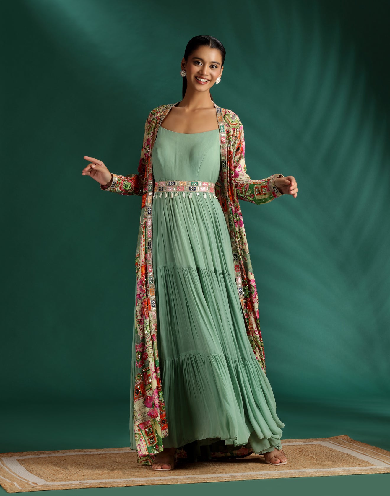 Coastal Jade Long Dress With Printed Jacket