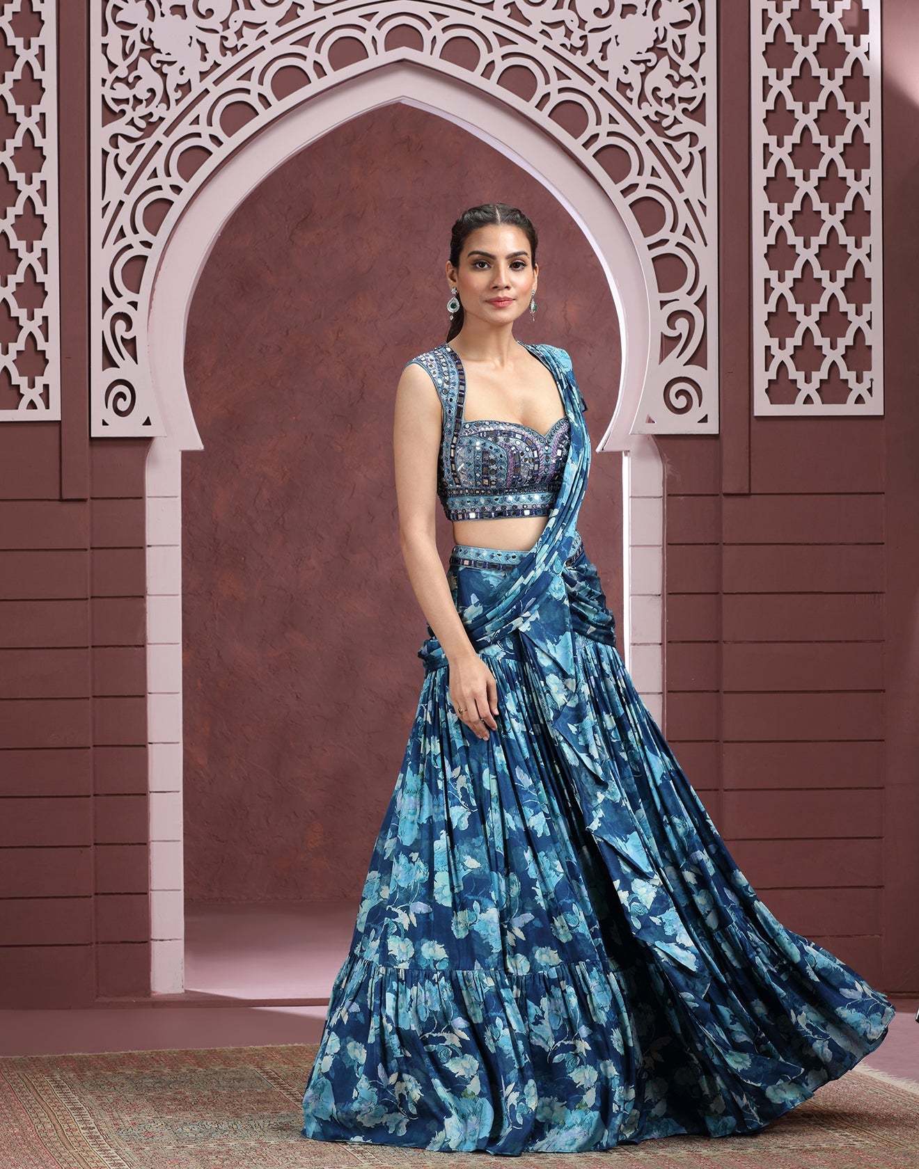 Cobalt Blue Printed Lehenga Set In Modal Satin