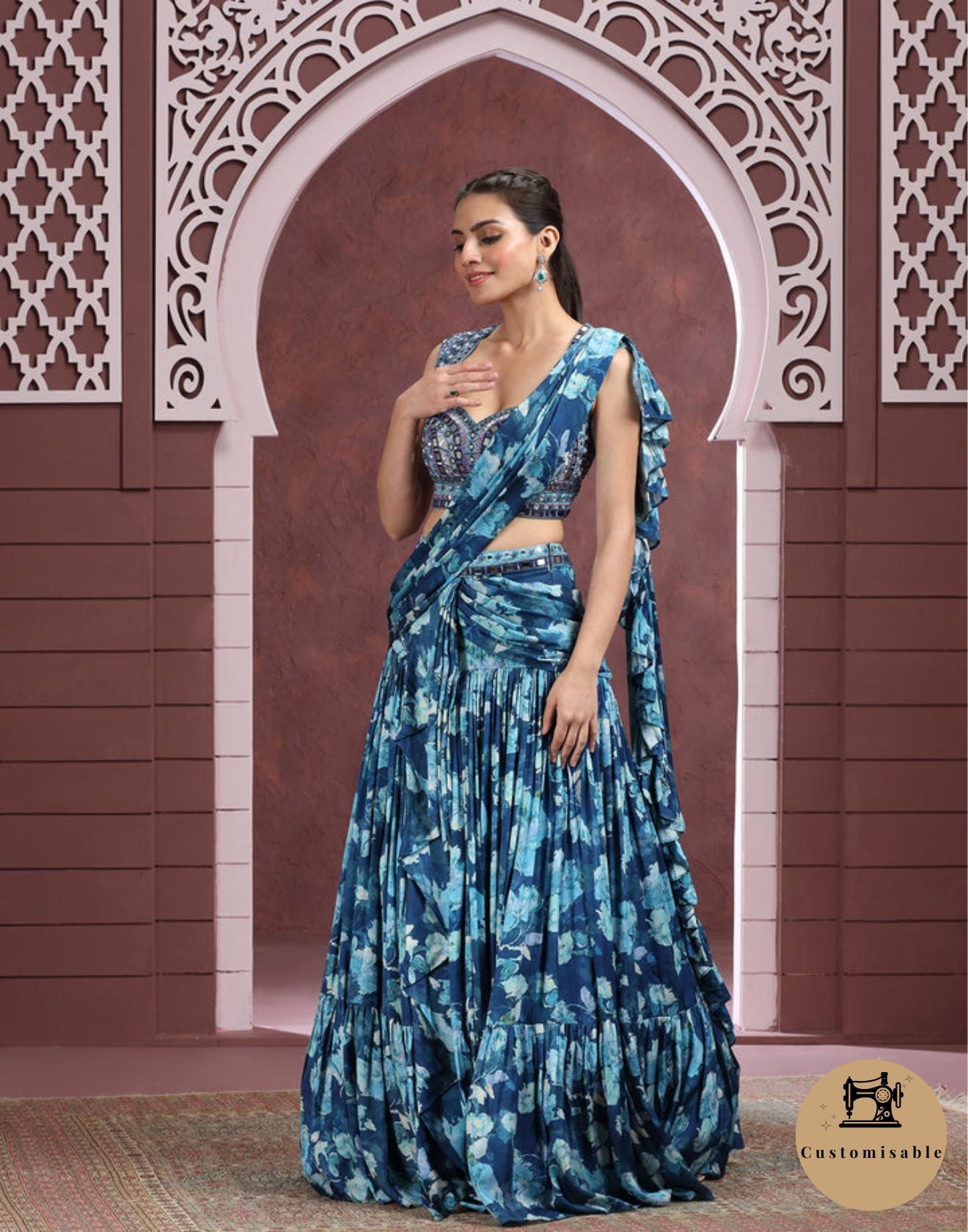 Cobalt Blue Printed Lehenga Set In Modal Satin