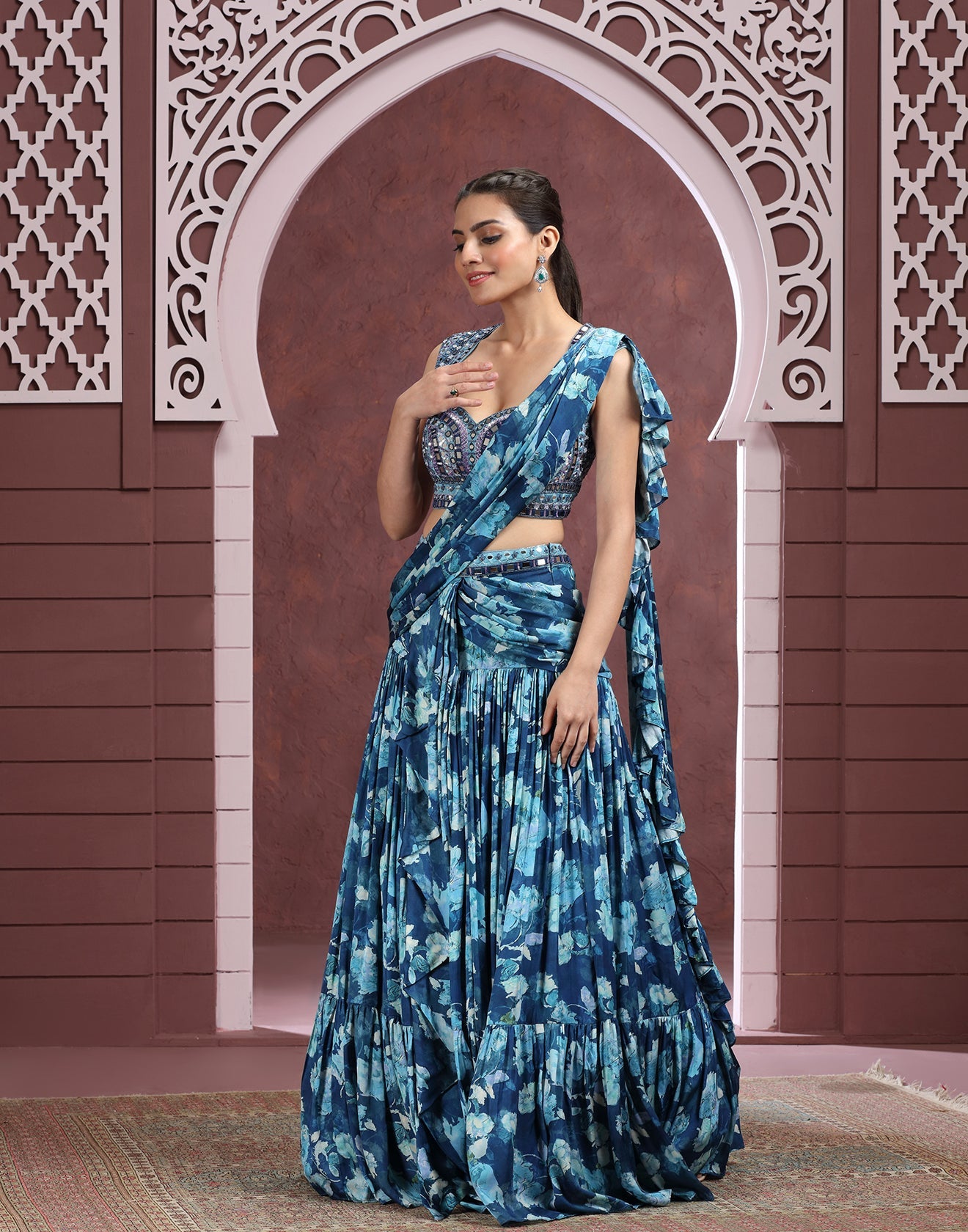 Cobalt Blue Printed Lehenga Set In Modal Satin