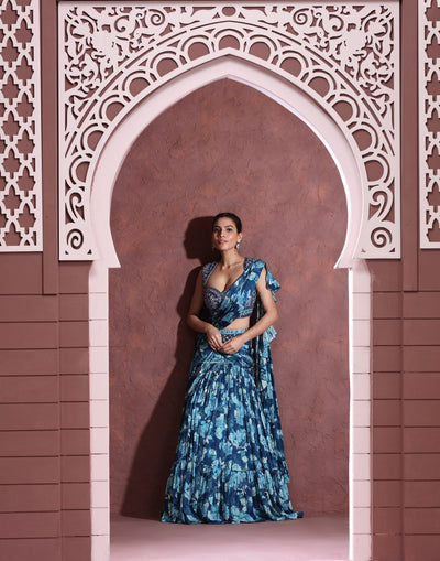 Cobalt Blue Printed Lehenga Set In Modal Satin