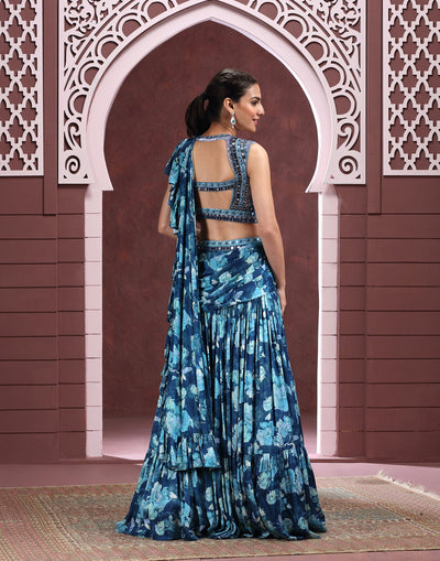 Cobalt Blue Printed Lehenga Set In Modal Satin