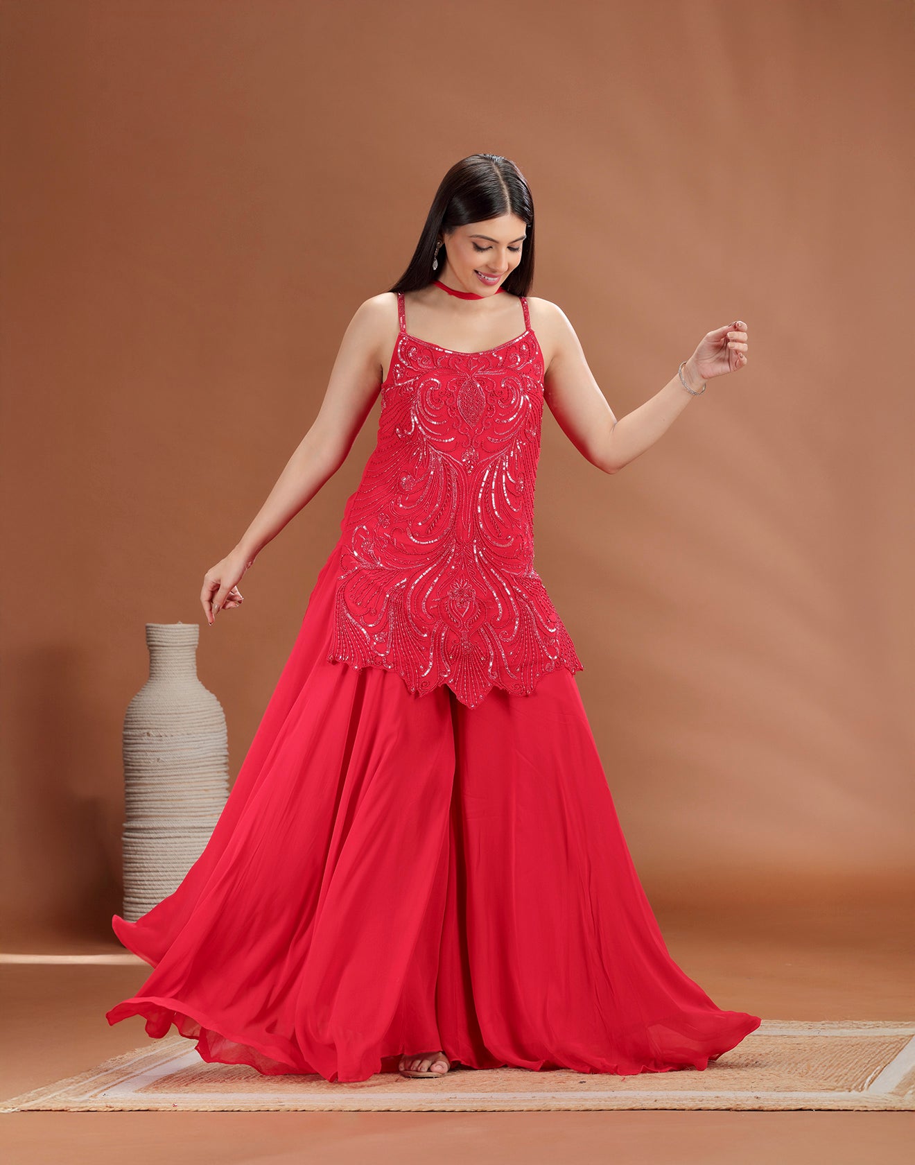 Crimson Charm Sequin Embellished Suit Set