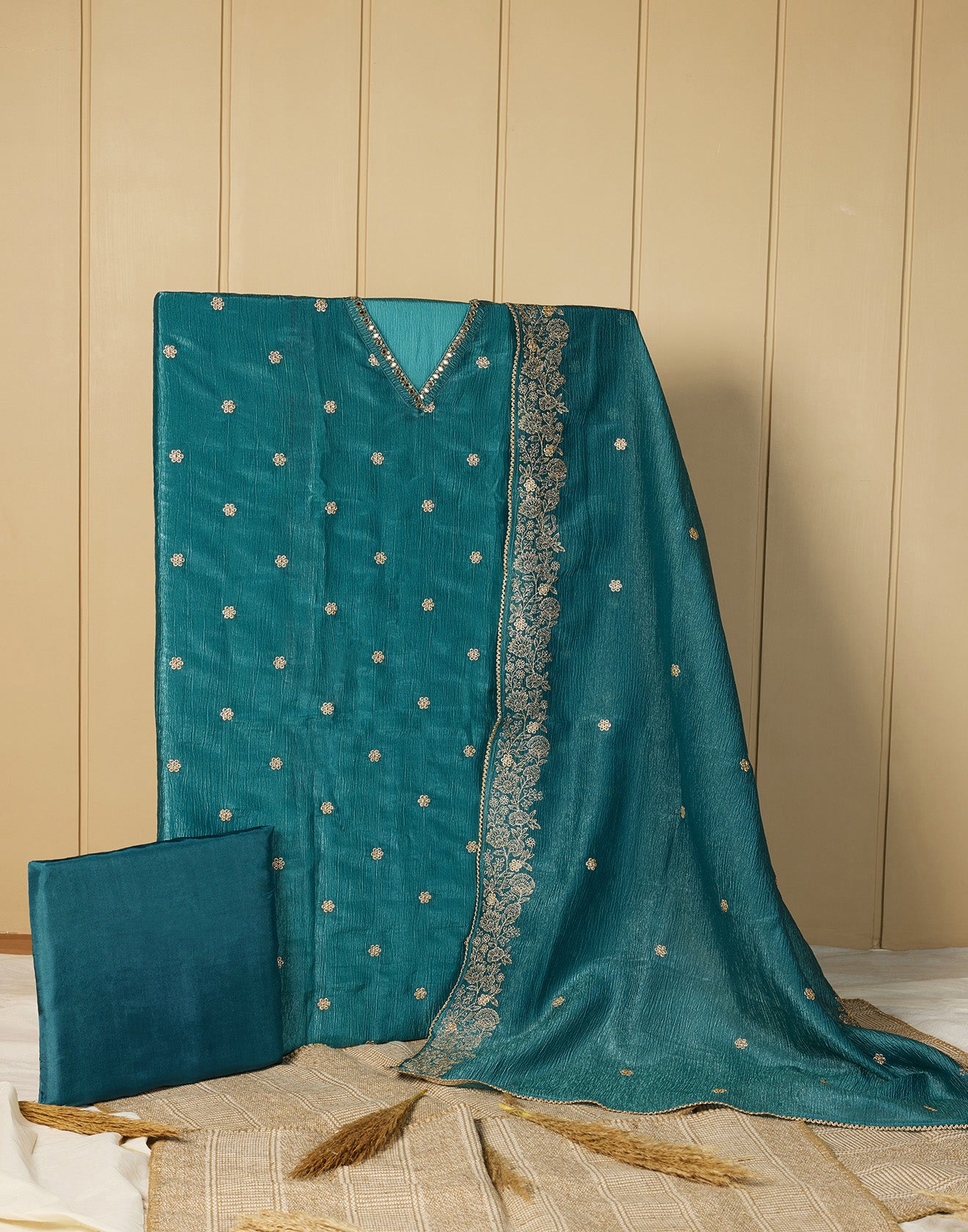 Deep Turquoise Crushed Tissue Silk Festive Unstitched Suit Set