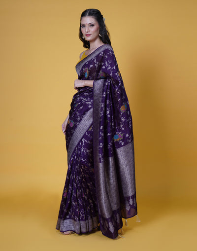 Deep Purple Banarasi Floral Jaal Silk Saree