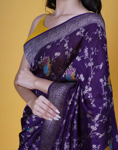 Deep Purple Banarasi Floral Jaal Silk Saree