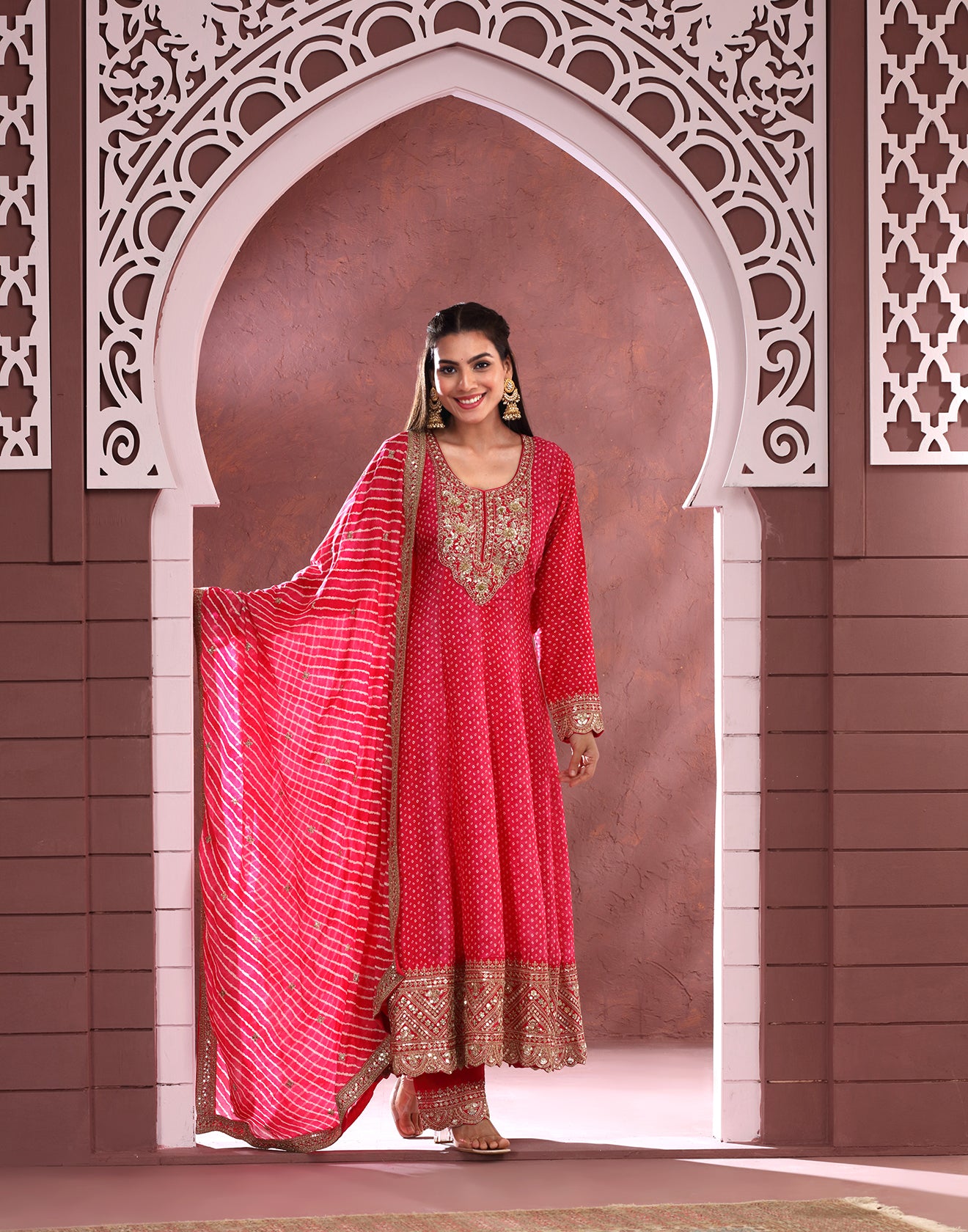 Deep Rani Pink Bandhej Printed Festive Anarkali Suit
