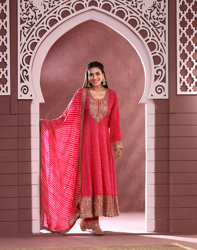 Deep Rani Pink Bandhej Printed Festive Anarkali Suit