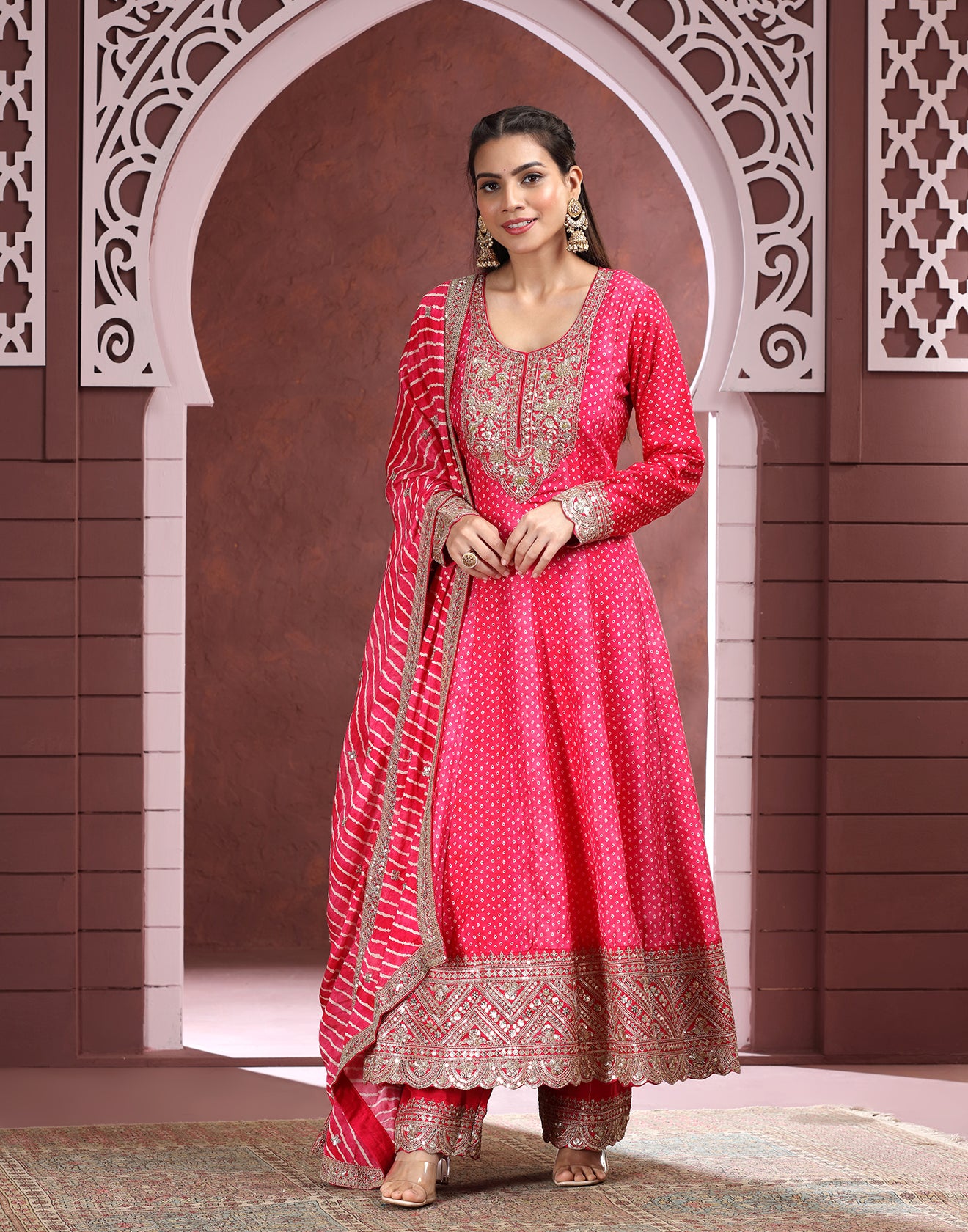 Deep Rani Pink Bandhej Printed Festive Anarkali Suit