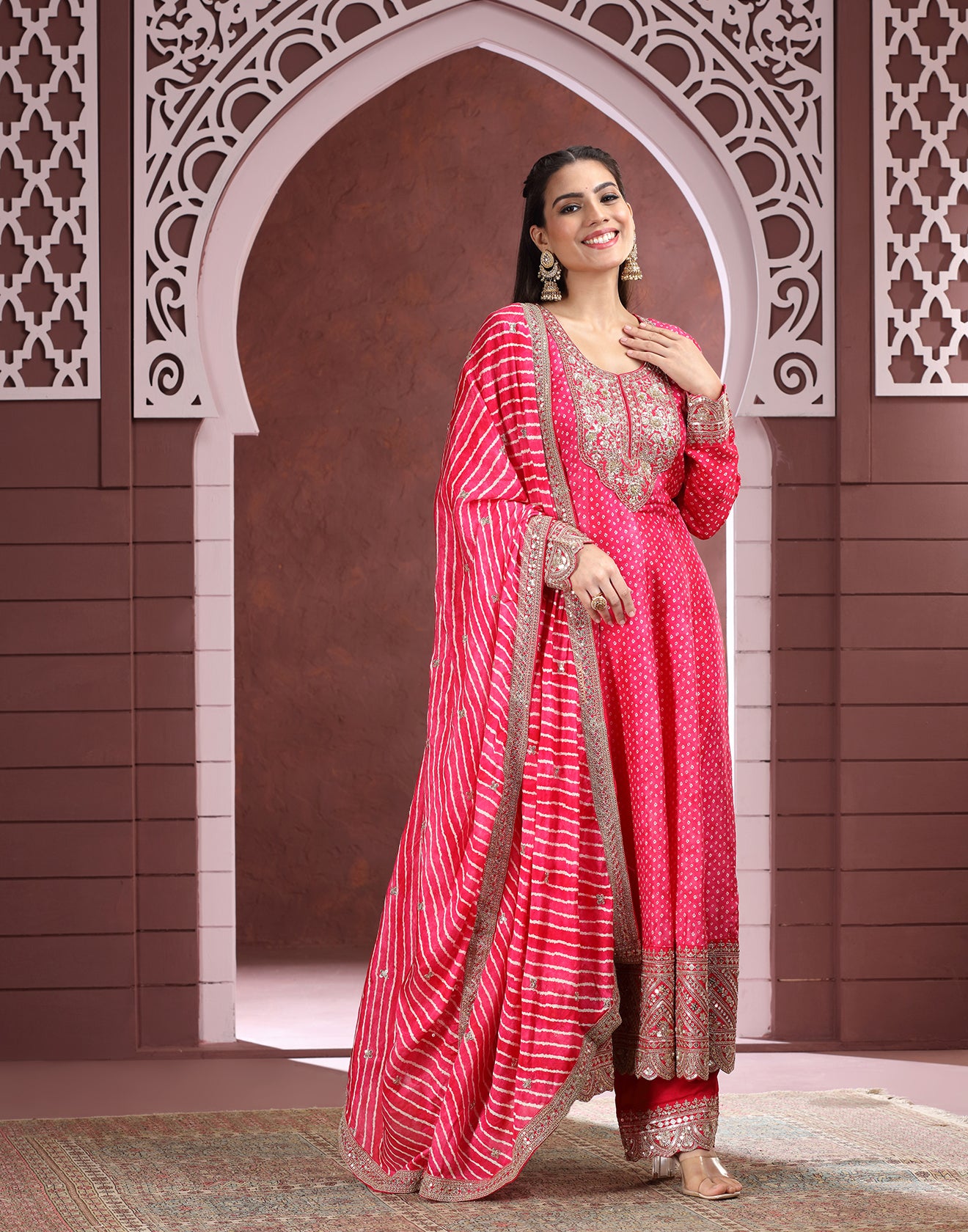 Deep Rani Pink Bandhej Printed Festive Anarkali Suit