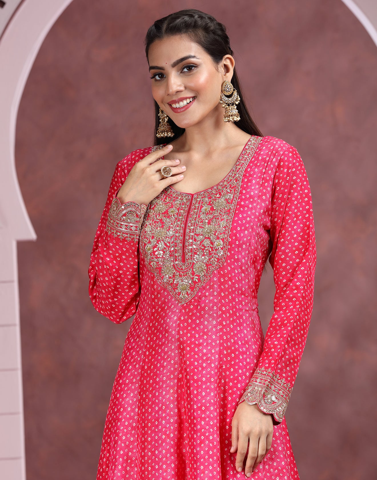Deep Rani Pink Bandhej Printed Festive Anarkali Suit