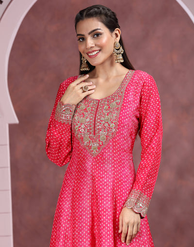 Deep Rani Pink Bandhej Printed Festive Anarkali Suit