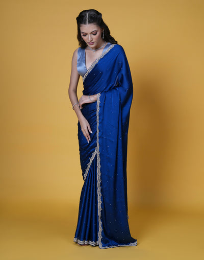 Deep Turquoise Satin Embellished Saree