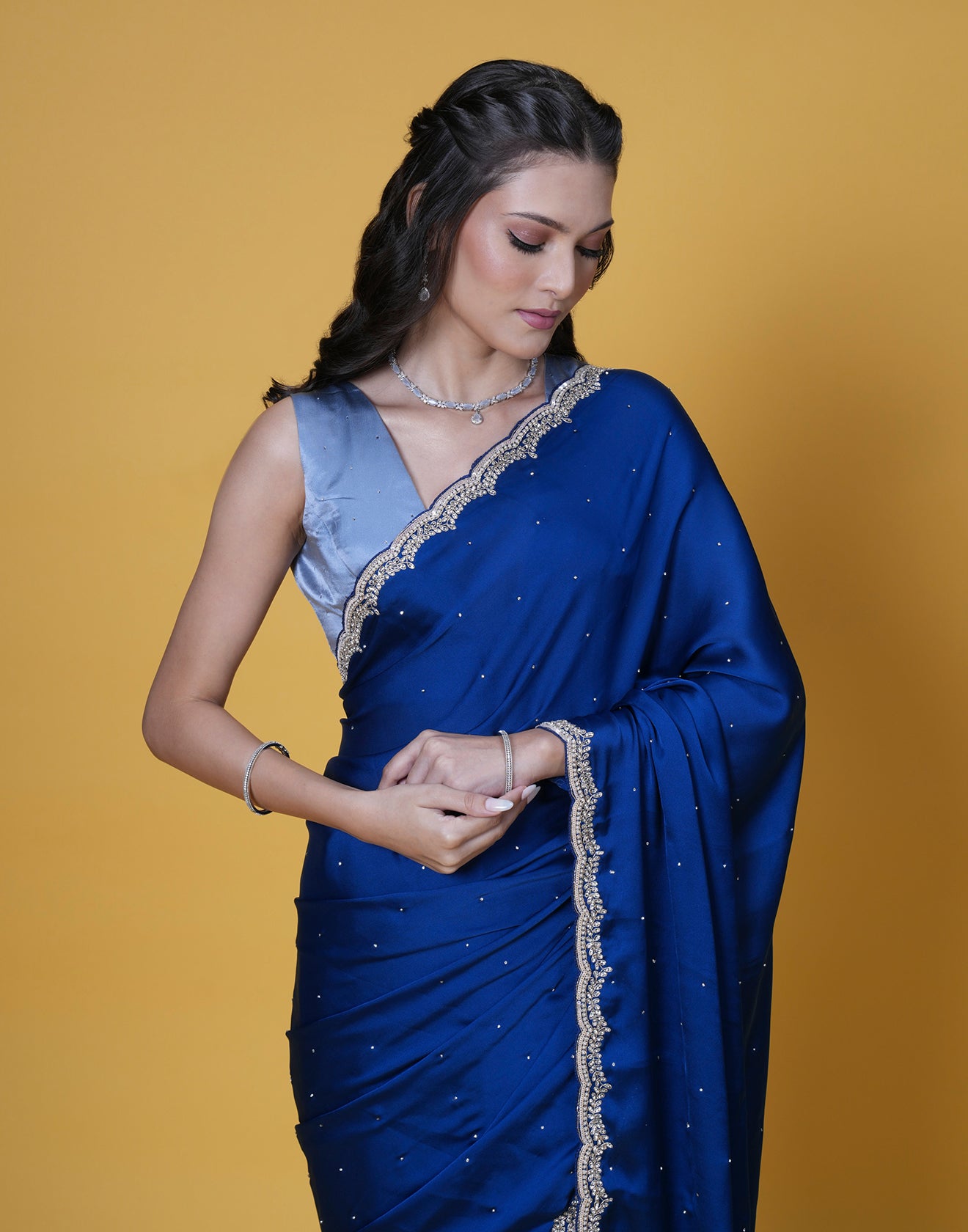 Deep Turquoise Satin Embellished Saree