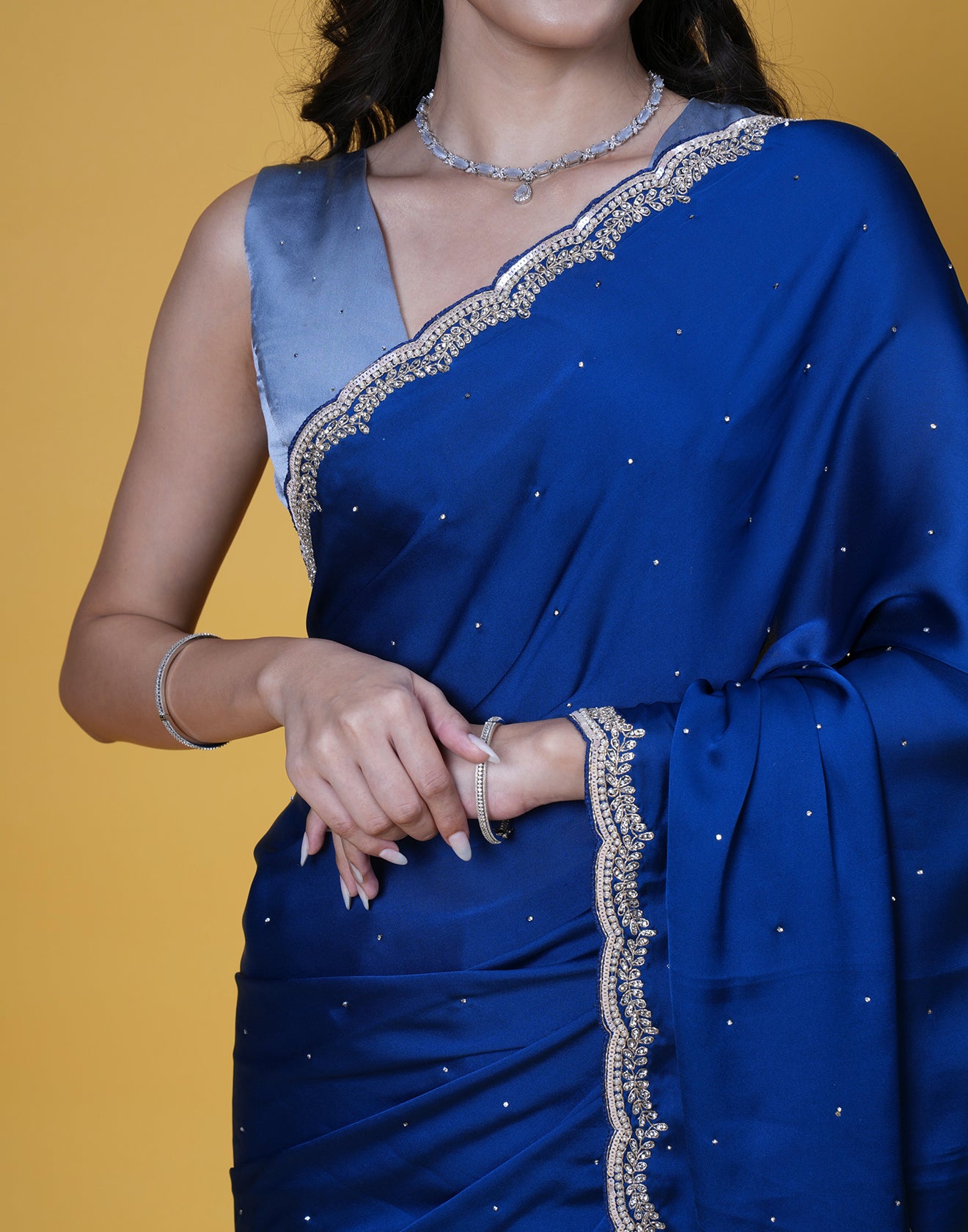 Deep Turquoise Satin Embellished Saree