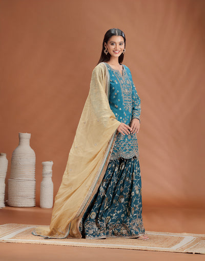 Emerald Teal Hand Embroidered Sharara Wedding Suit
