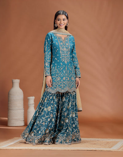 Emerald Teal Hand Embroidered Sharara Wedding Suit