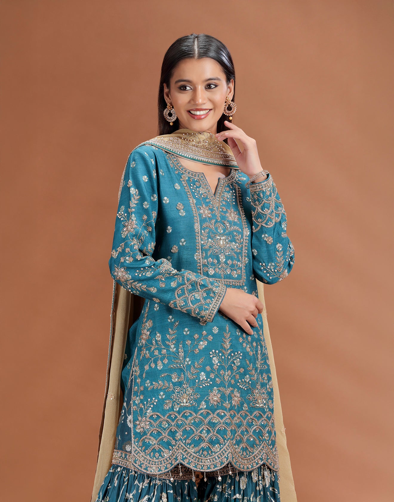 Emerald Teal Hand Embroidered Sharara Wedding Suit