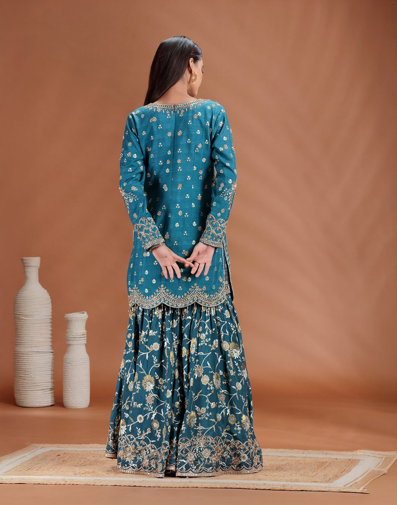 Emerald Teal Hand Embroidered Sharara Wedding Suit