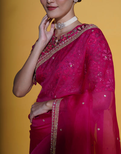 Flora Pink Organza Saree With Stitched Embroidered Blouse