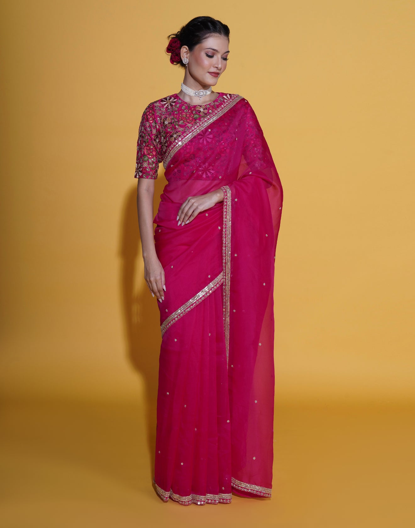 Flora Pink Organza Saree With Stitched Embroidered Blouse