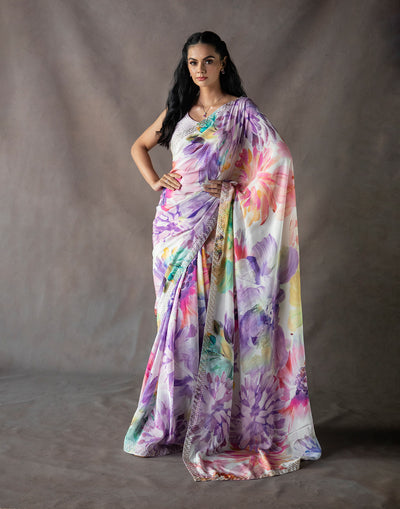 Floral Brushstroke Multicolor Embellished Saree