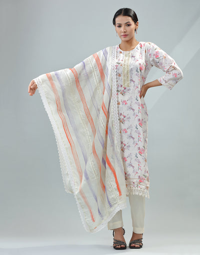 Floral Dove White Printed Linen Kurta Set