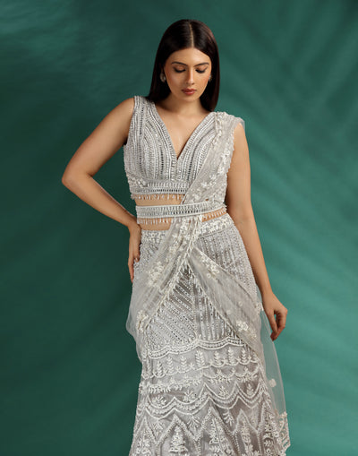 Foam Flash Embellished Aari Work Fish-Cut Lehenga Set