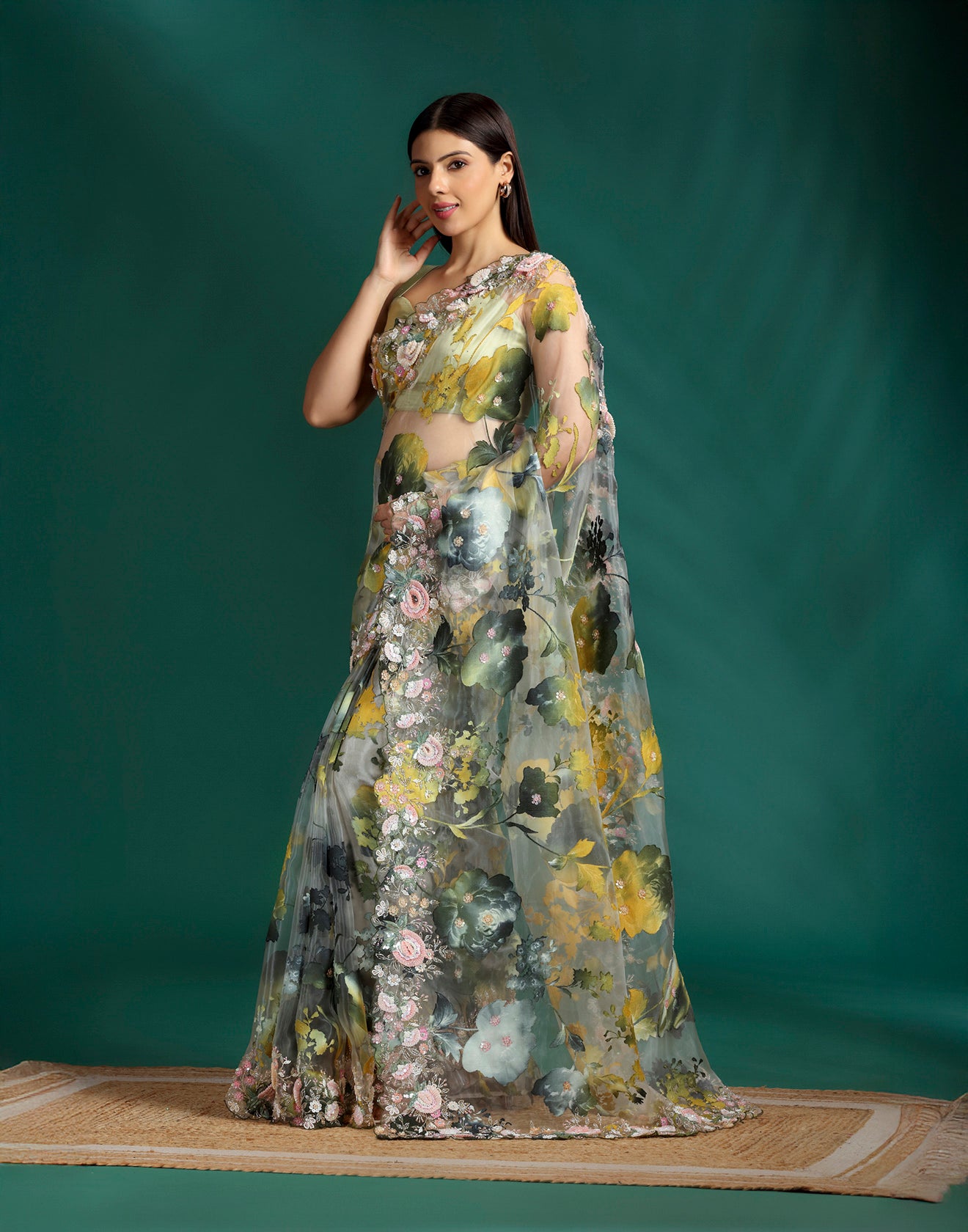 Forest Drizzle Jacquard Festive Saree With Unstitched Blouse Fabric