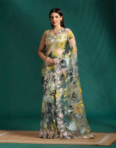 Forest Drizzle Jacquard Festive Saree With Unstitched Blouse Fabric