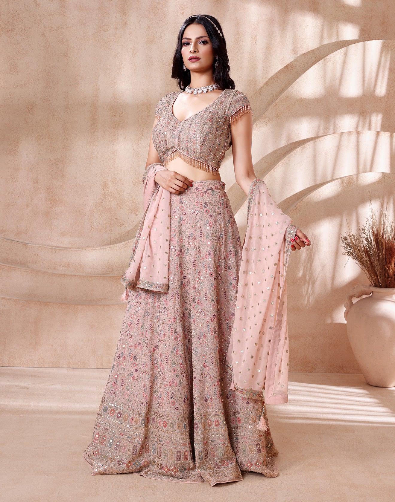 Frizzle Peach Embellished Wedding Lehenga Set