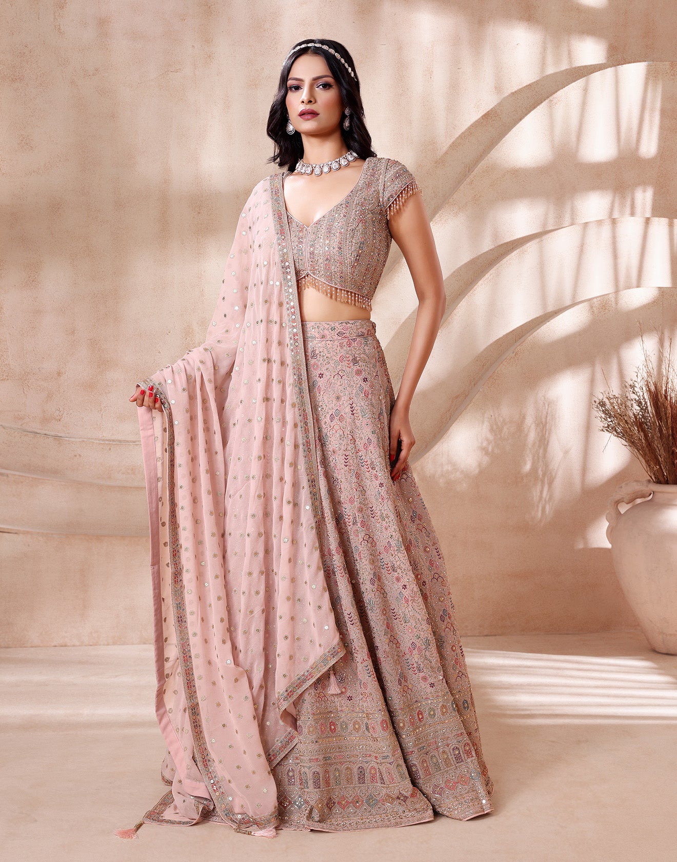 Frizzle Peach Embellished Wedding Lehenga Set