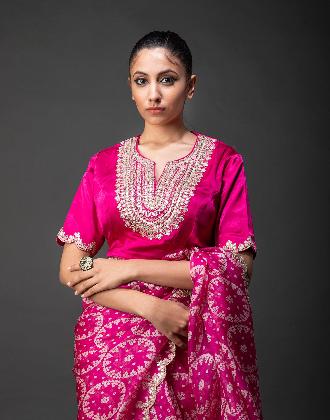 Bandhni saree with peplum blouse - Pinkcity by Sarika