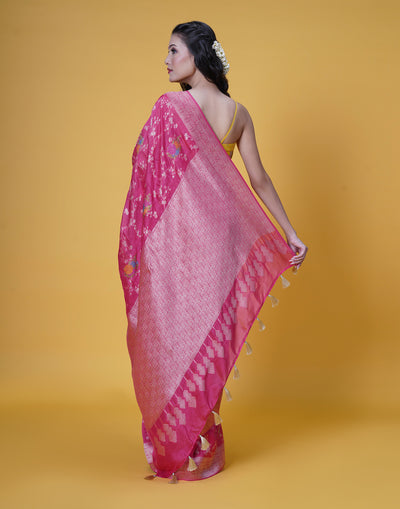 Fushia Pink Banarasi Floral Silk Saree