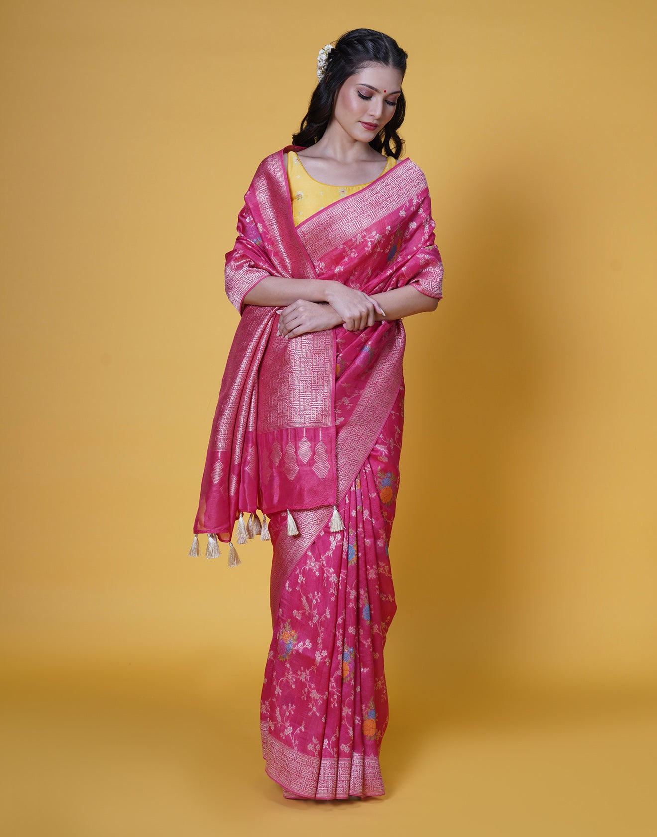 Fushia Pink Banarasi Floral Silk Saree