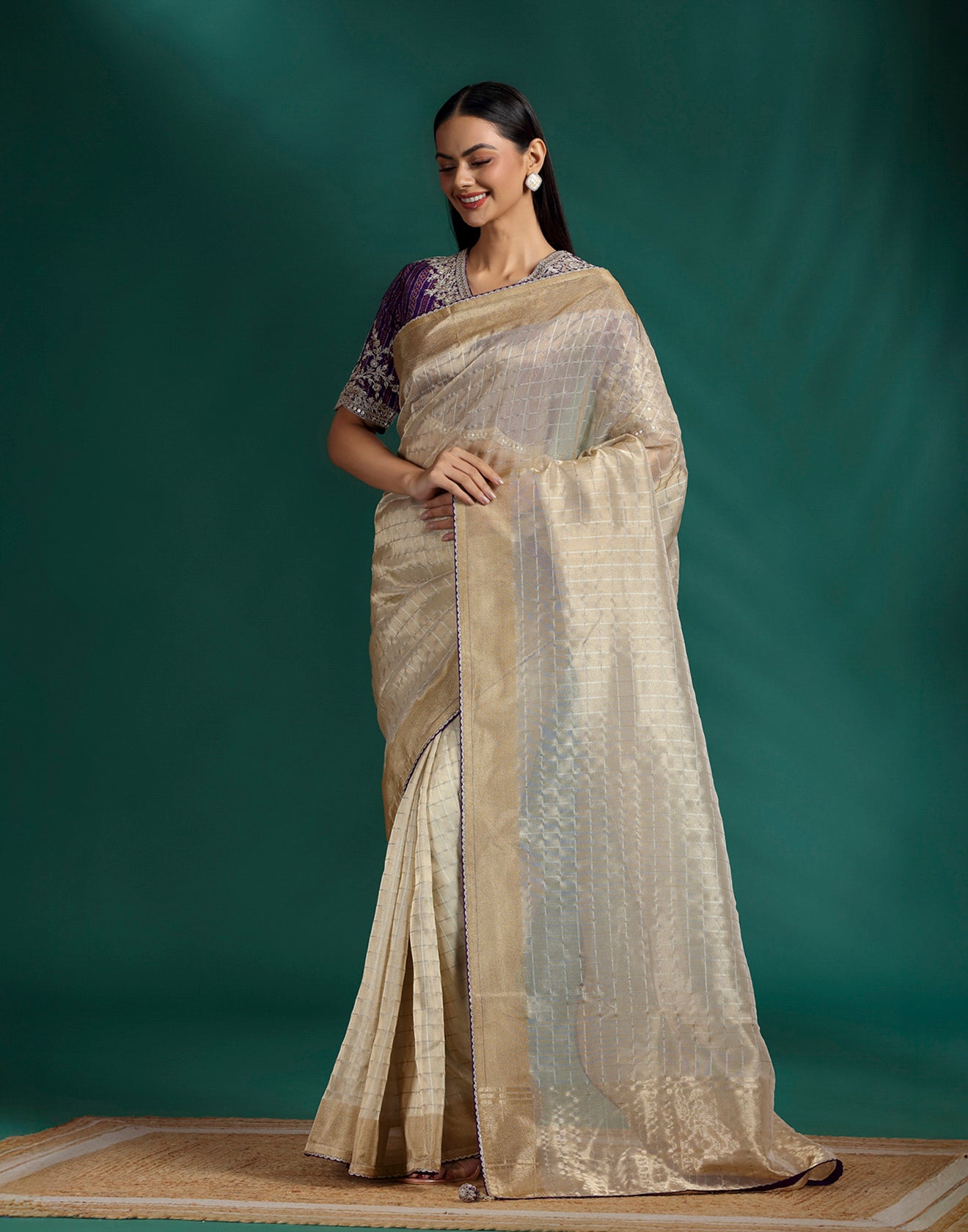 Golden Beige Tissue Silk saree With Purple Bandhej Stitched Blouse