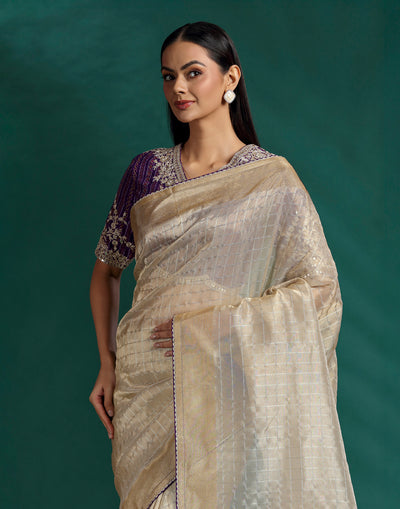 Golden Beige Tissue Silk saree With Purple Bandhej Stitched Blouse