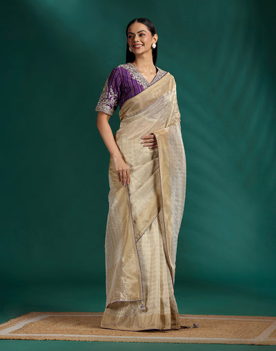 Golden Beige Tissue Silk saree With Purple Bandhej Stitched Blouse