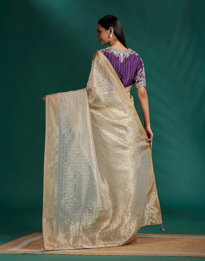 Golden Beige Tissue Silk saree With Purple Bandhej Stitched Blouse