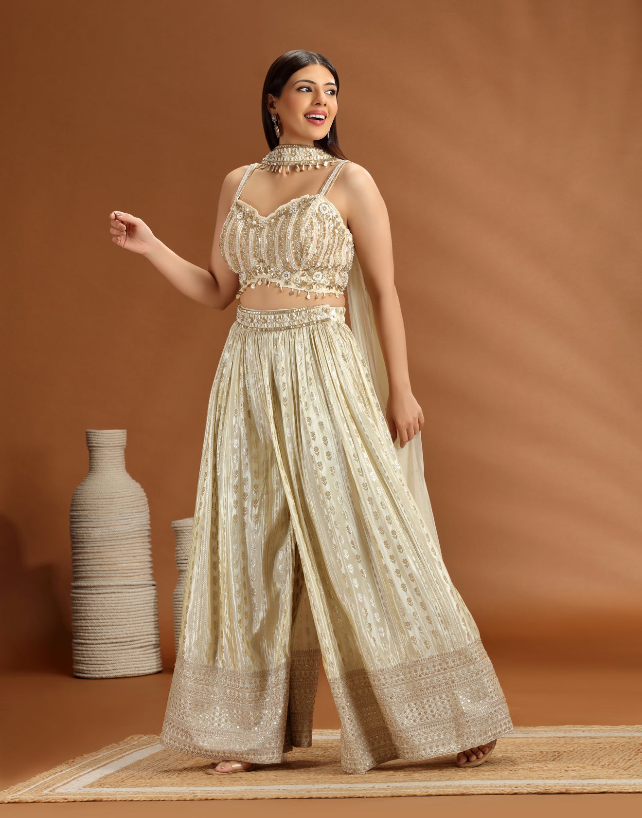 Golden Dust Embellished Blouse With Banarasi Pallazo Fusion Set