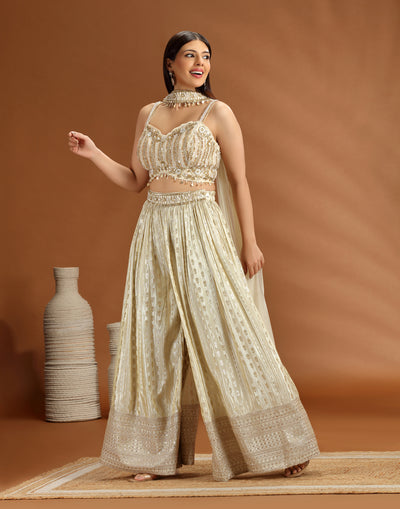 Golden Dust Embellished Blouse With Banarasi Pallazo Fusion Set
