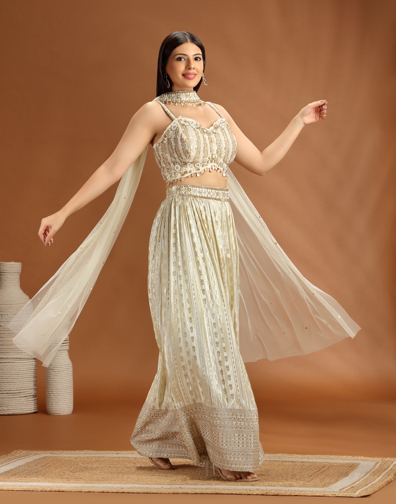Golden Dust Embellished Blouse With Banarasi Pallazo Fusion Set