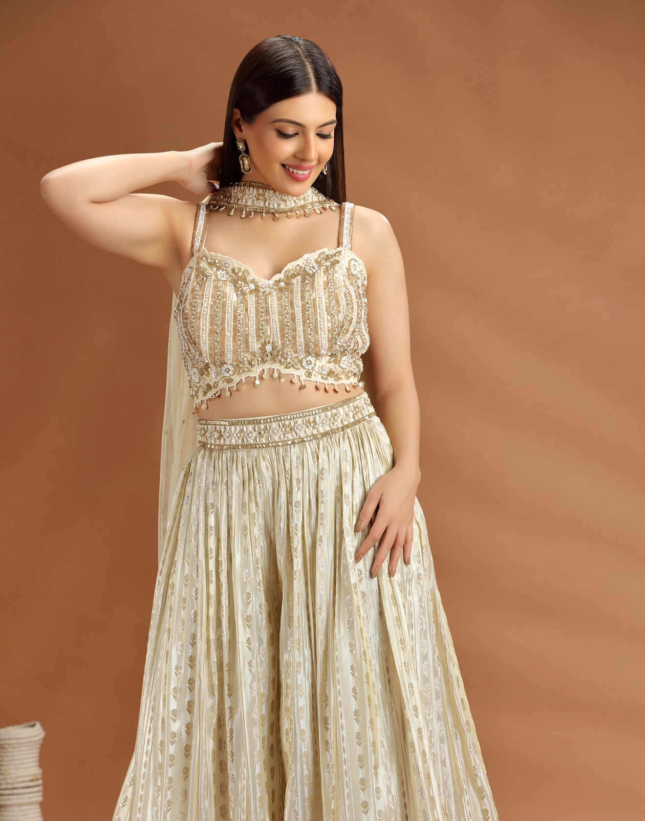 Golden Dust Embellished Blouse With Banarasi Pallazo Fusion Set