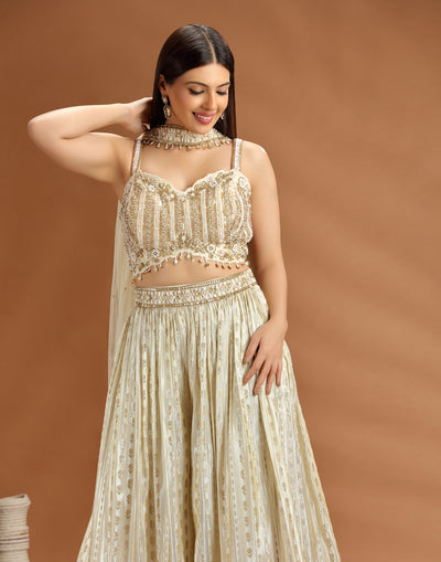 Golden Dust Embellished Blouse With Banarasi Pallazo Fusion Set