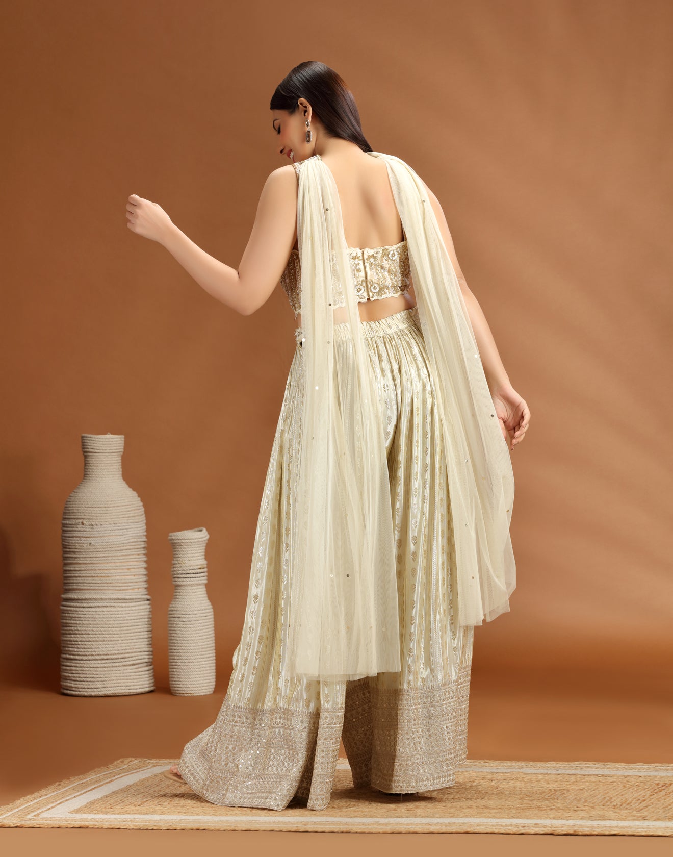 Golden Dust Embellished Blouse With Banarasi Pallazo Fusion Set